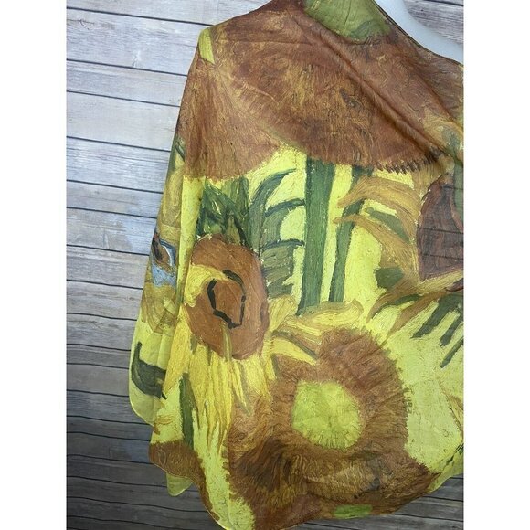 Van Gogh Museum Scarf RARE Sunflowers Yellow Green Boho Lightweight Rectangle - Picture 8 of 10